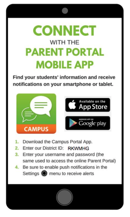 Instructions for the mobile IC app. Using District ID RKWMHG after downloading the IC app from Apple or Google stores.