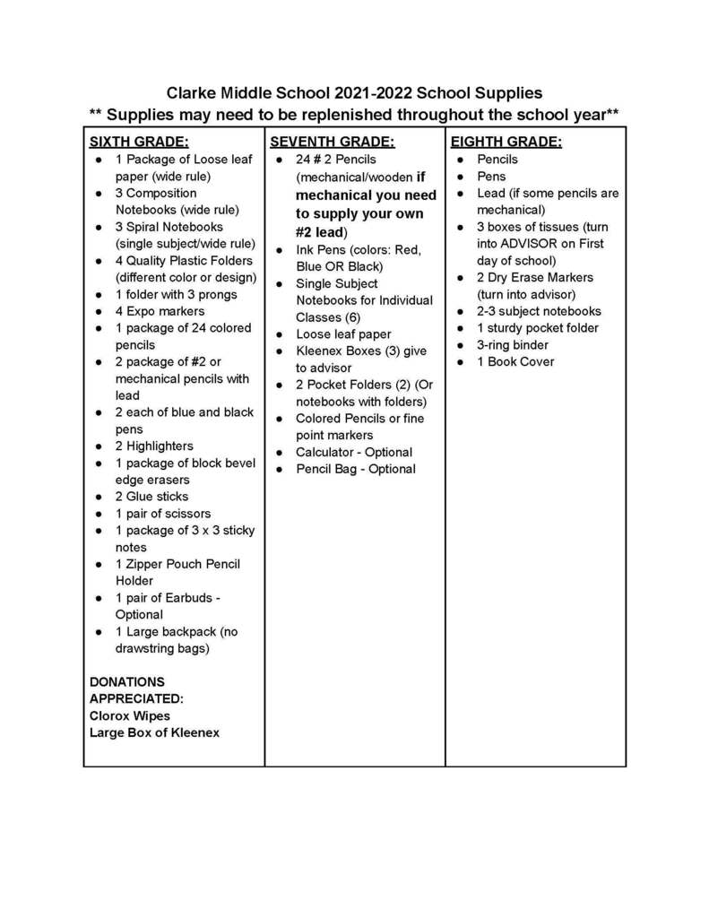 Clarke Middle School 2021-2022 School Supply List 